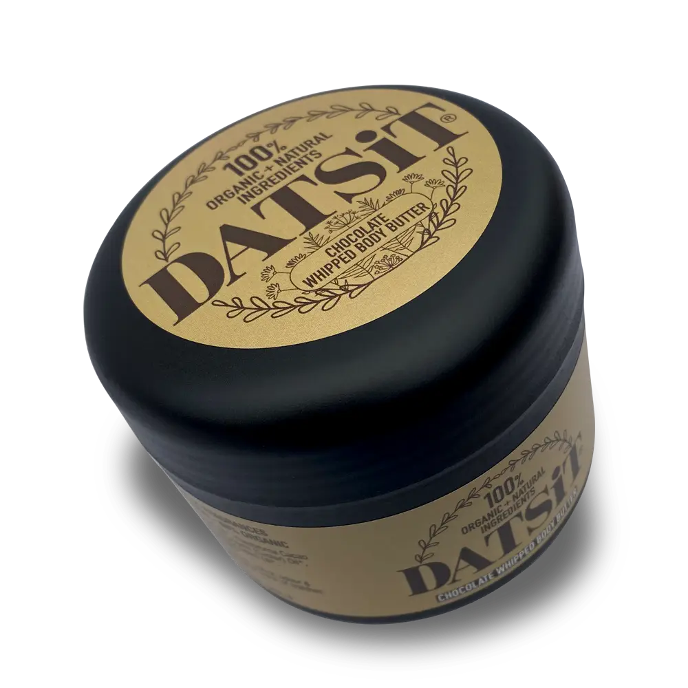 A 150ml jar of Datsit organic chocolate whipped body butter, an angled view