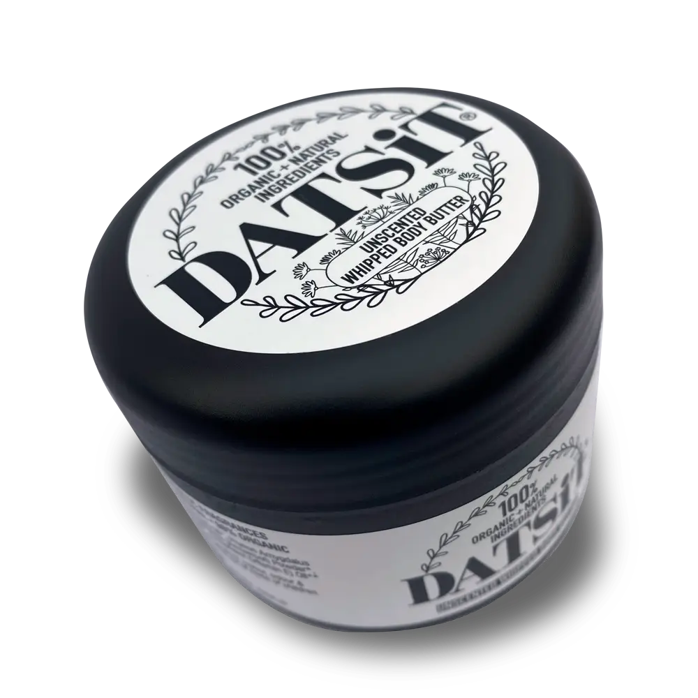 A 150ml jar of Datsit organic unscented whipped body butter, and angled view