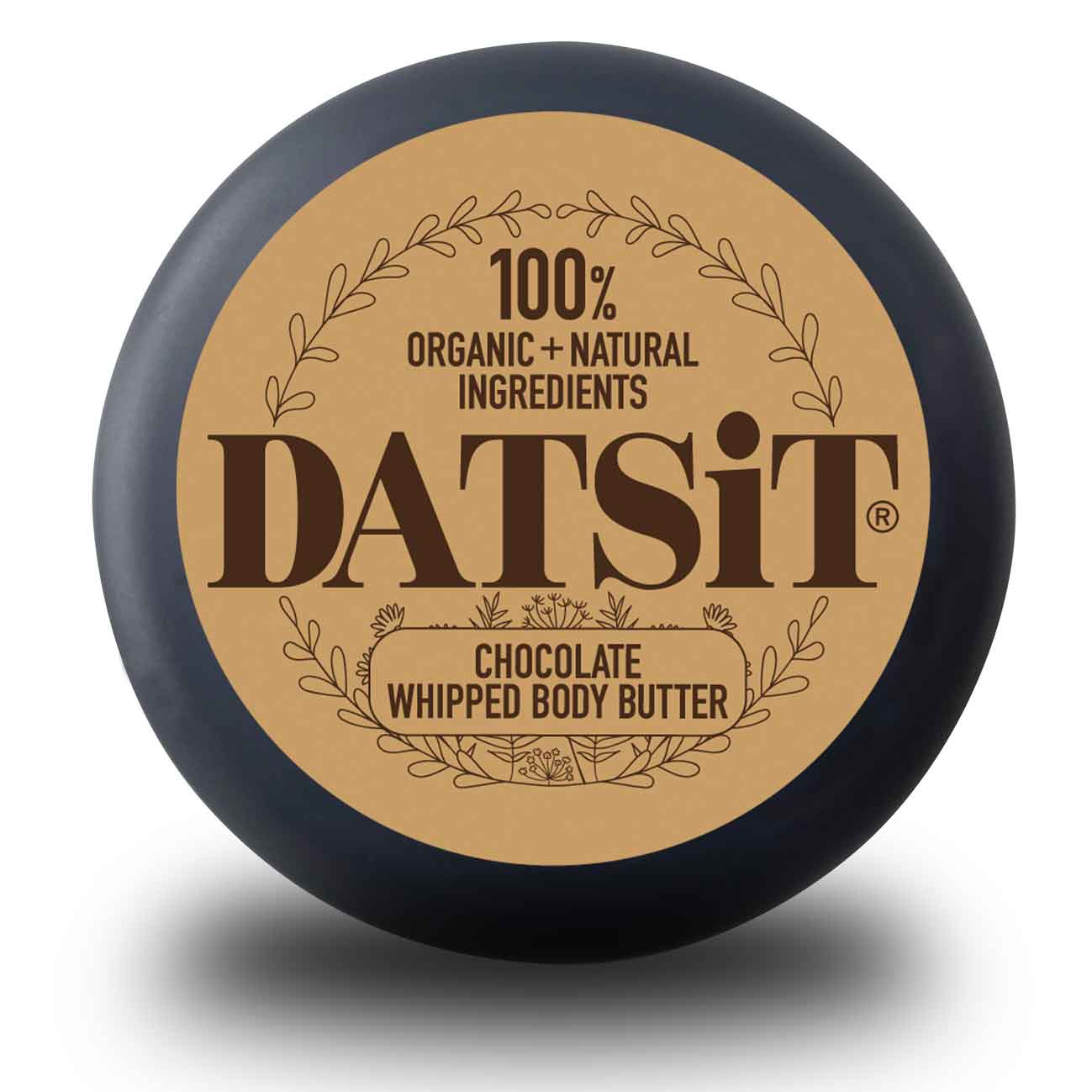 Datsit Chocolate Whipped Body Butter jar lid showing 100% organic and natural ingredients branding