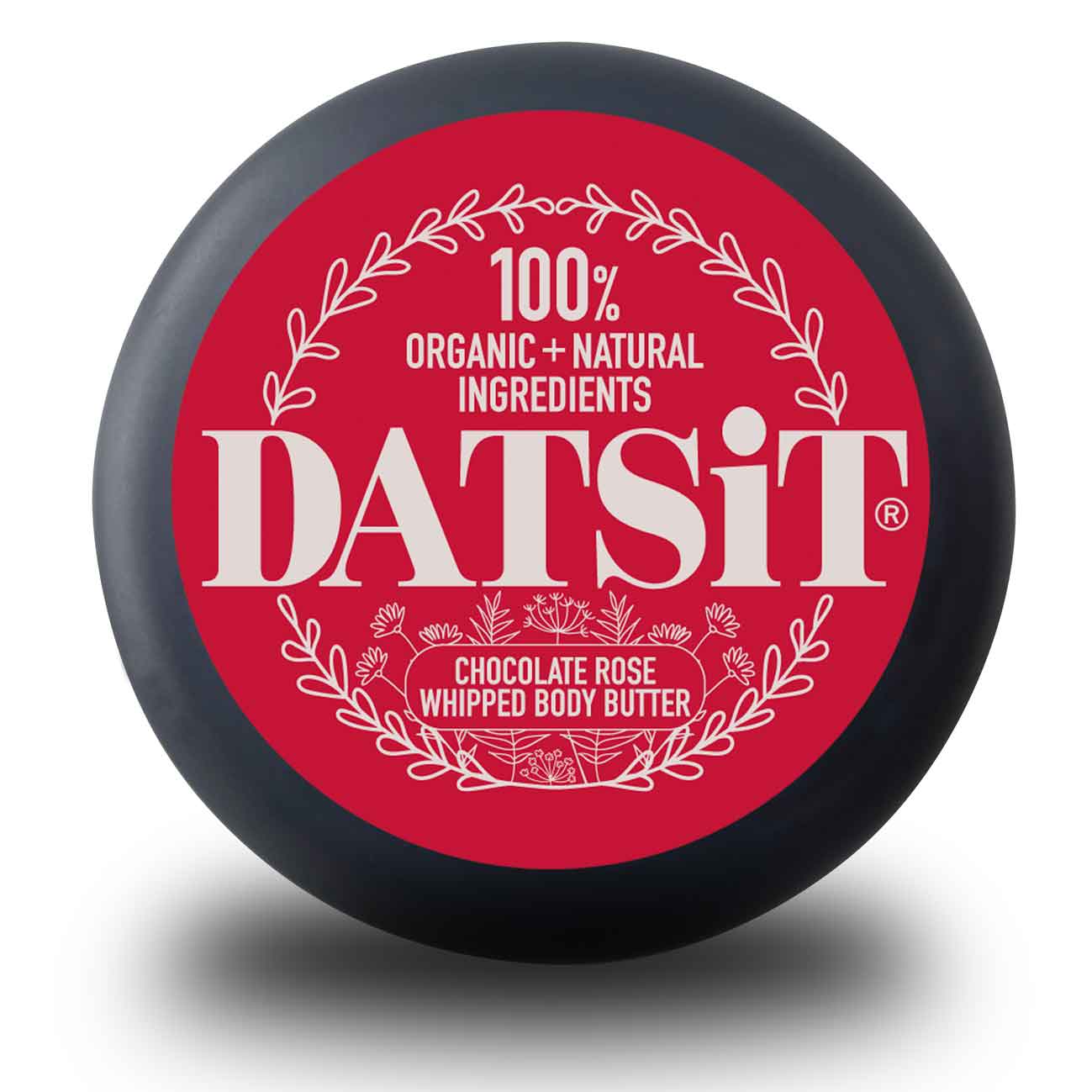 Datsit Chocolate Rose Whipped Body Butter jar lid showing 100% organic and natural ingredients branding