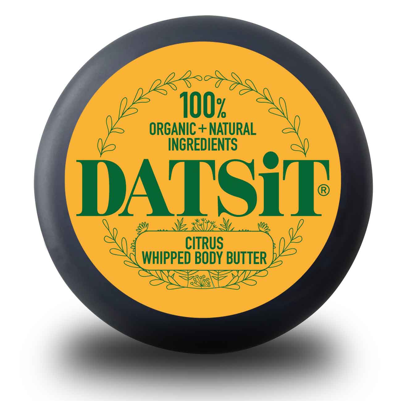 Datsit Citrus Whipped Body Butter jar lid showing 100% organic and natural ingredients branding