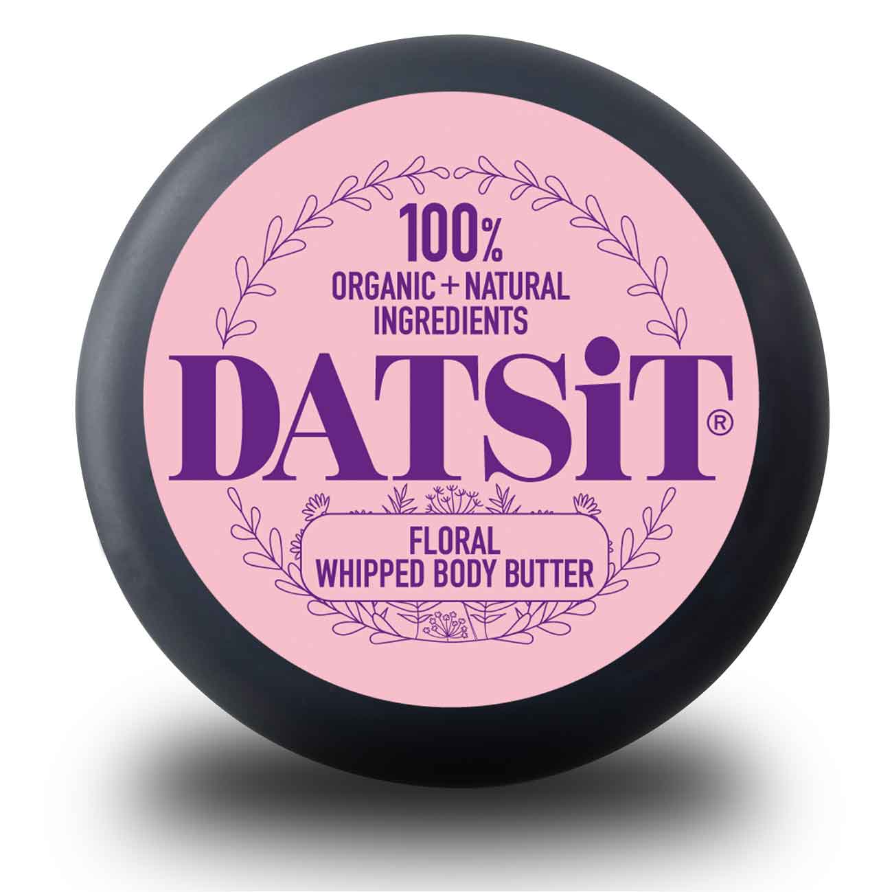 Datsit Floral Whipped Body Butter jar lid showing 100% organic and natural ingredients branding