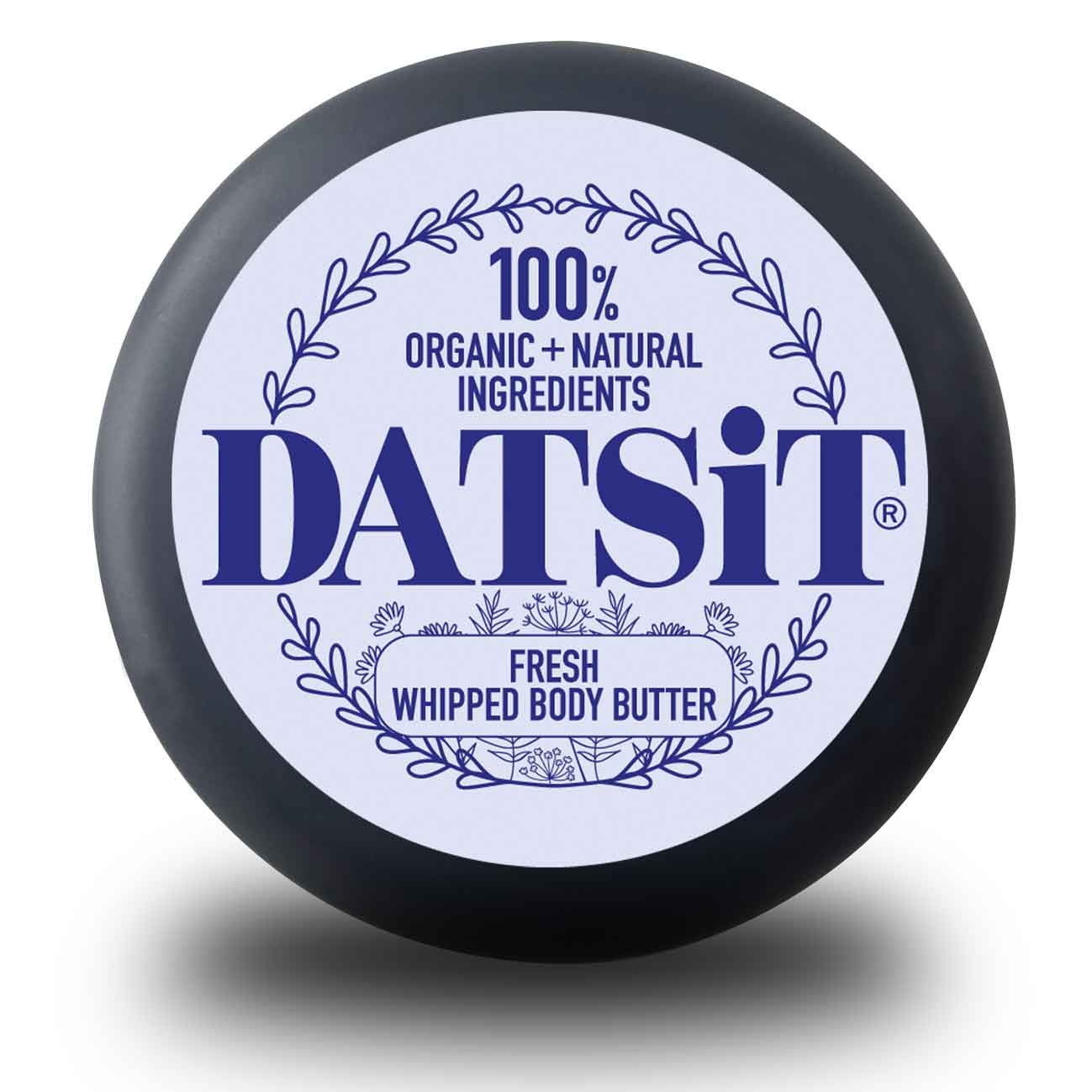 Datsit Fresh Whipped Body Butter jar lid showing 100% organic and natural ingredients branding