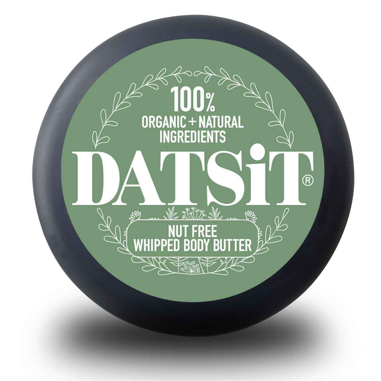Datsit Nut Free Whipped Body Butter jar lid showing 100% organic and natural ingredients branding
