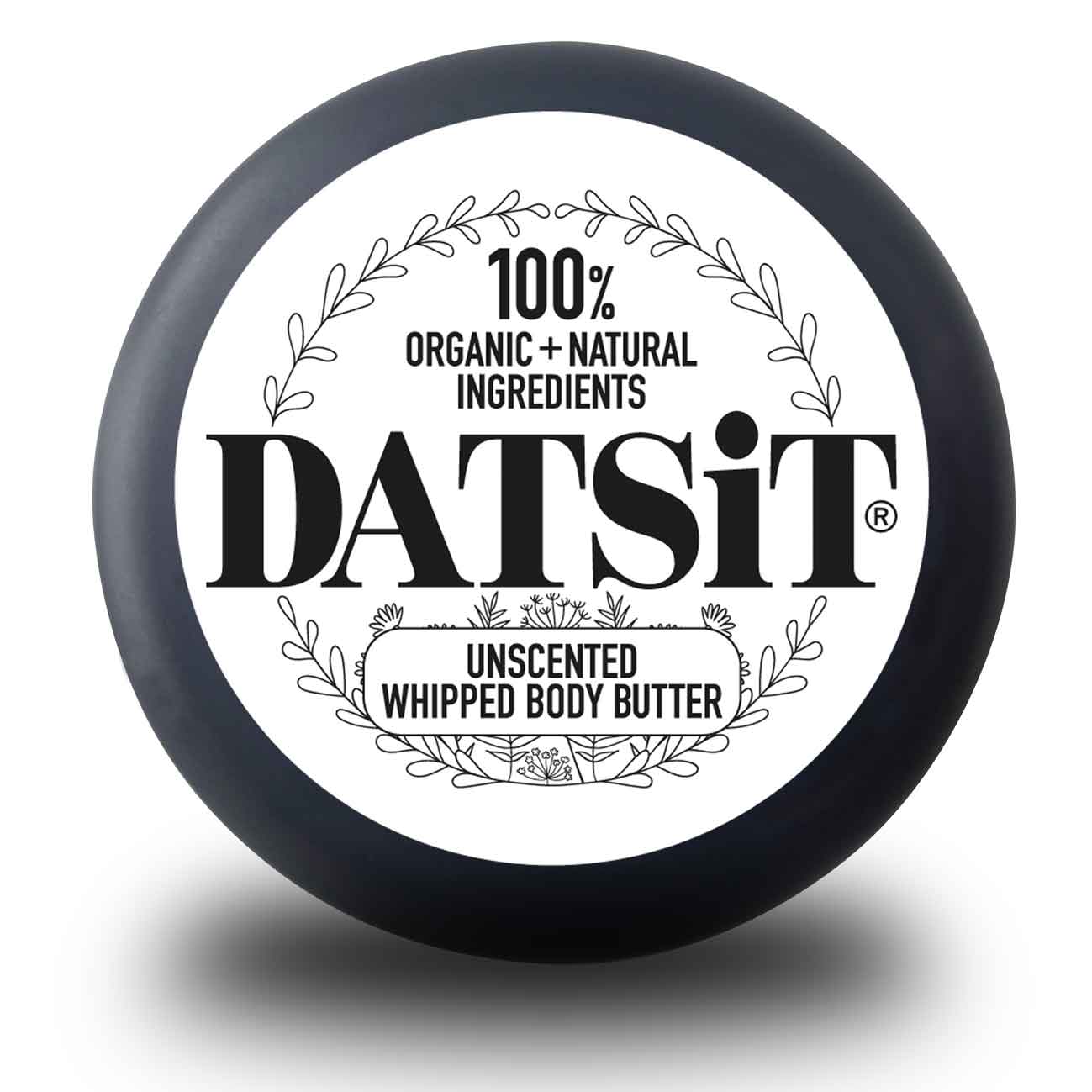 Datsit Unscented Whipped Body Butter jar lid showing 100% organic and natural ingredients branding