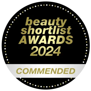 A logo showing a commended award from the Beauty Shortlist Awards 2024