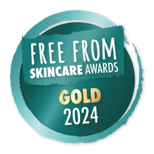 A logo showing a gold award from the Free From Skincare Awards 2024
