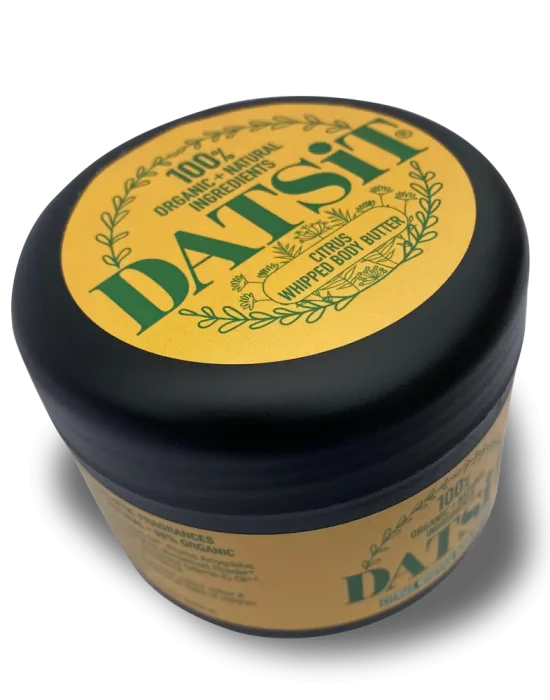 A 150ml jar of Datsit organic citrus whipped body butter, and angled view