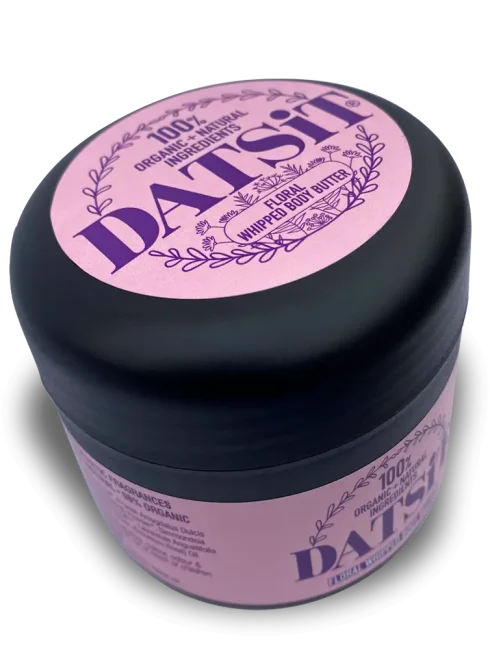 A 150ml jar of Datsit organic floral whipped body butter, and angled view